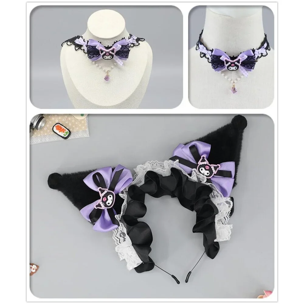 Cat Ears & Lace Necklace Cosplay Set Soft Faux Fur Plush Accessories for Costume